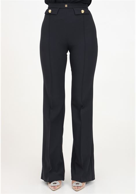 Black women's palazzo trousers in stretch crêpe with logo rivet ELISABETTA FRANCHI | PA02546E2110